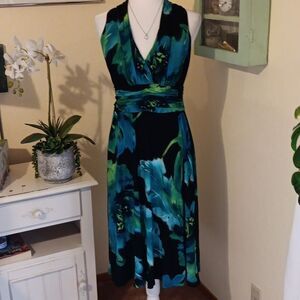 Evan Picone Black Midi Dress with Teal and Green Floral Print